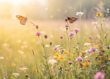 Beautiful summer meadow with flowers and butterfly. Nature background.の素材