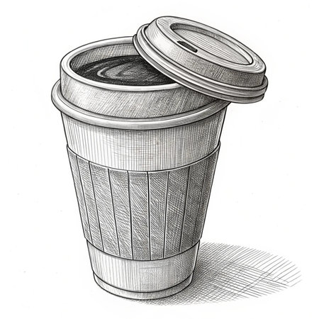 Illustration of a coffee cup with lid on a white background.の素材