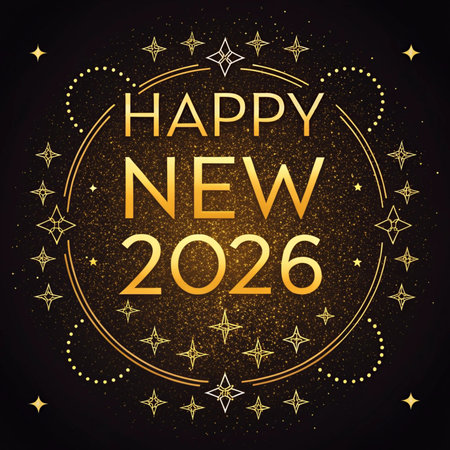 Happy New Year 2023 greeting card. Golden glittering text on dark backgroundの素材