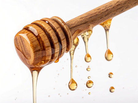 Honey dripping from a wooden honey dipper on a white backgroundの素材