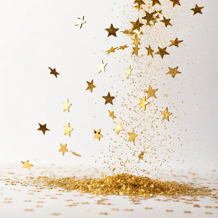 Golden glitter confetti on a white background. Festive decoration.の素材