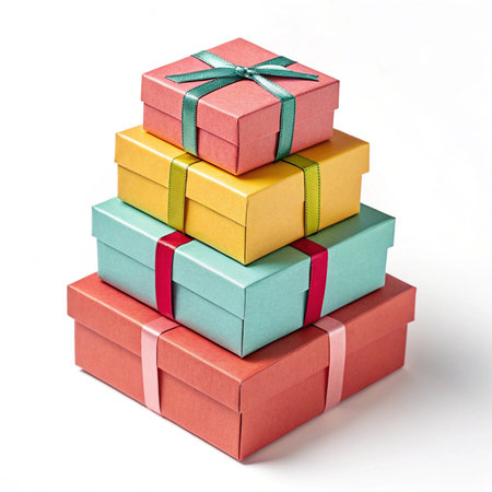 Stack of colorful gift boxes isolated on white background with clipping path.の素材