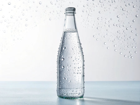 Bottle of mineral water with water drops on a blue background.の素材