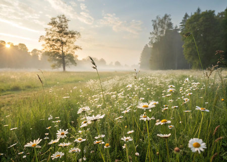 Sunrise over a meadow with daisies in summer seasonの素材