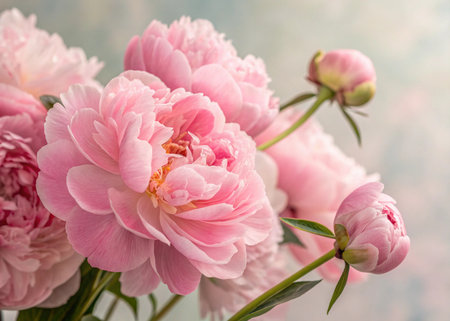 Bouquet of pink peonies on a light blue background.の素材