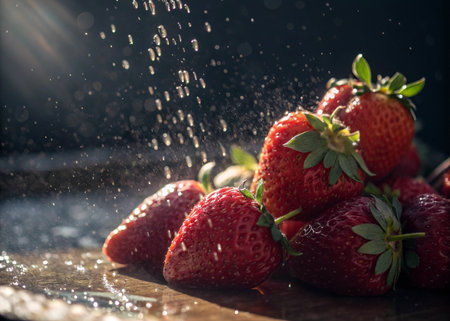Strawberry with water drops on a dark background, close upの素材