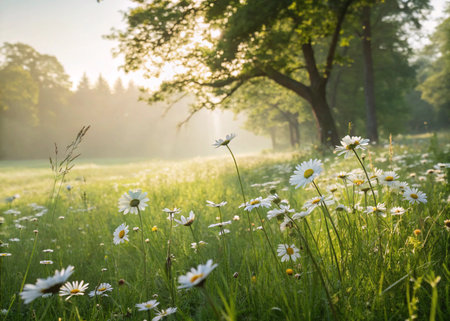 Sunrise in the meadow with daisies and sun raysの素材