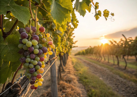 Grapes in vineyard at sunset, Tuscany, Italyの素材