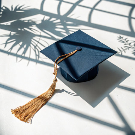 Graduation cap and tassel on white background with shadow.の素材