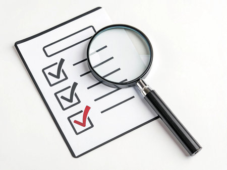 Checklist with a magnifying glass on a white background, top viewの素材