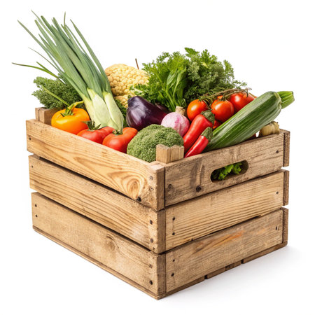 Wooden box full of fresh organic vegetables isolated on white background.の素材