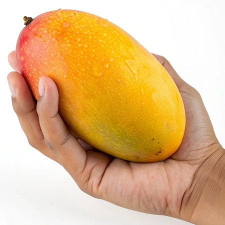 Ripe mango in hand isolated on white background with clipping path.の素材