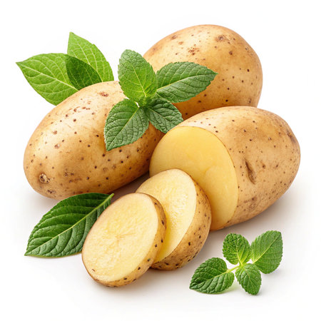 Fresh potatoes with green mint leaves isolated on white background closeup.の素材