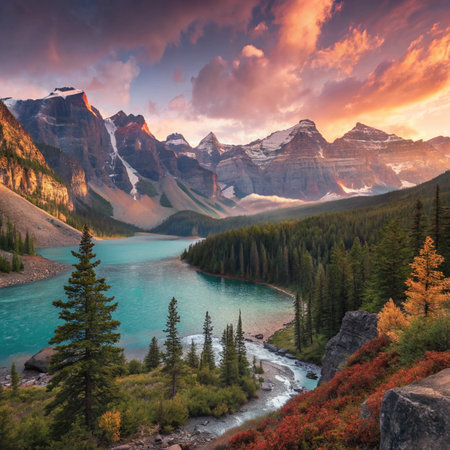 Sunset at Moraine lake in Banff National Park, Canadaの素材