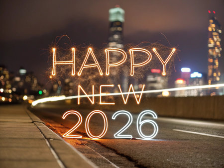 Happy New Year 2016 written with Sparkle firework on the city backgroundの素材