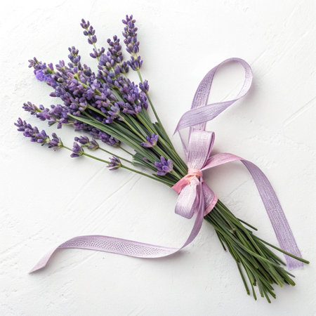 Bouquet of lavender flowers tied with ribbon on white backgroundの素材