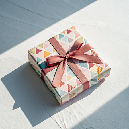 Gift box with ribbon on white background. Flat lay, top view.の素材
