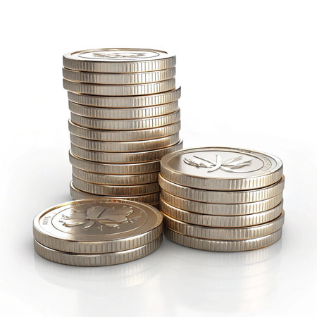 Stacks of coins isolated on white background. 3D illustration.の素材