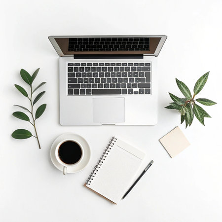Modern workspace with laptop, notebook and coffee cup. Flat lay, top viewの素材