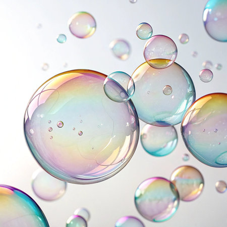 Colorful soap bubbles on a white background, close-up.の素材