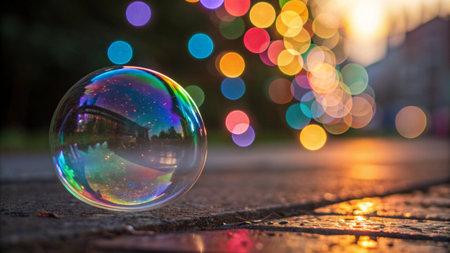 Soap bubbles on the background of the city and bokehの素材