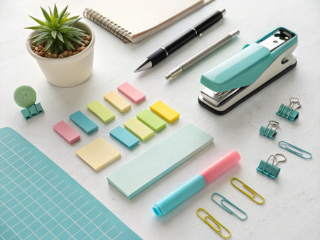 Office supplies on white table, closeup. Stationery design conceptの素材