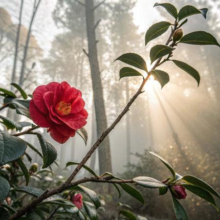 Camellia flower in the misty forest at sunrise.の素材