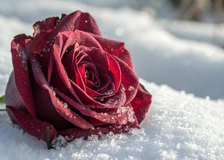 Red rose on the white snow in winter. Close-up.の素材