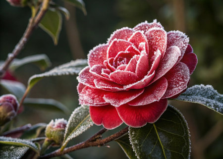 Red camellia flower covered with hoarfrost in winter.の素材