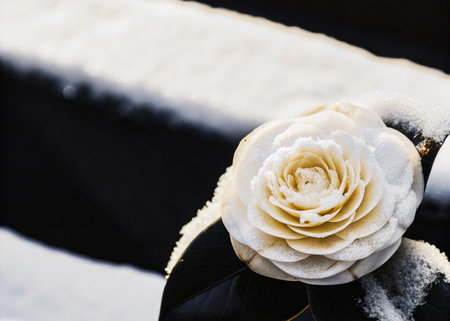 White flower on a black background covered with snow in the winter.の素材