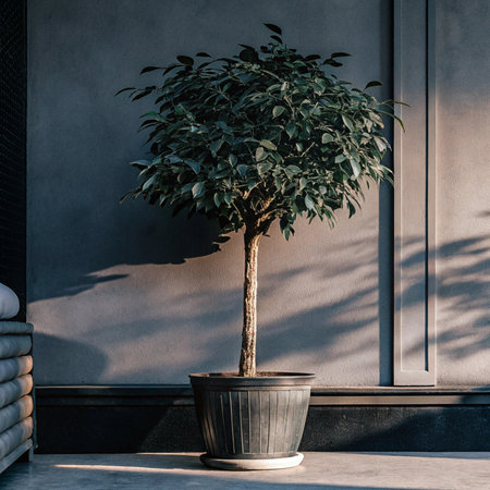 Tree in a pot on the background of a gray wall with shadowsの素材