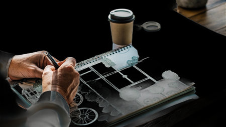 Close-up of a man drawing a model of a car on a tableの素材
