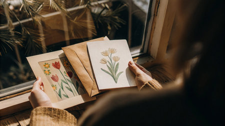 Woman's hands holding envelope with spring flowers on the window sill.の素材