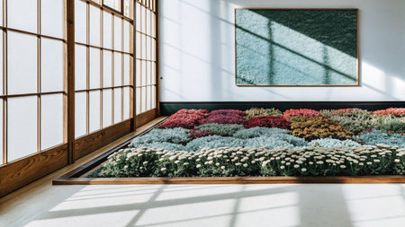 Chrysanthemum garden in japanese style room. 3d renderingの素材