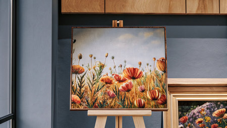 Wooden easel with a painting of poppies on the wallの素材