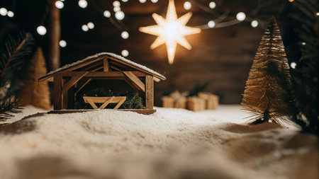 Wooden toy house in the snow with christmas tree and giftsの素材