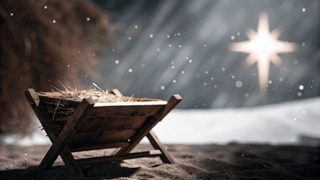 Christmas card with holy bible book and christian cross on snowfall backgroundの素材