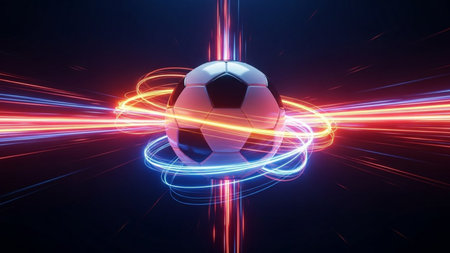 Soccer ball with neon lines. Sport background. 3D renderingの素材