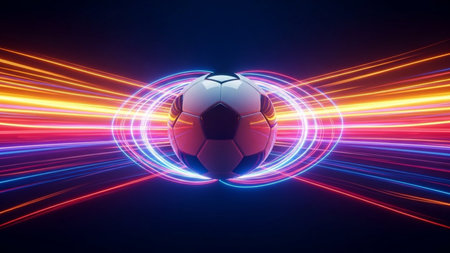 Soccer ball with light rays. 3D rendering. Neon lights.の素材