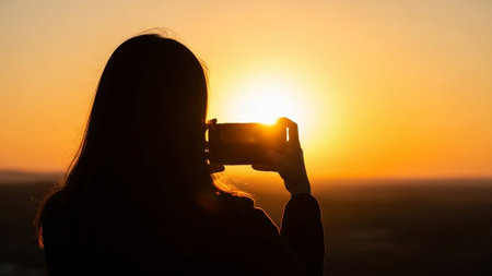 Silhouette of a woman taking a photo with her smartphone at sunsetの素材