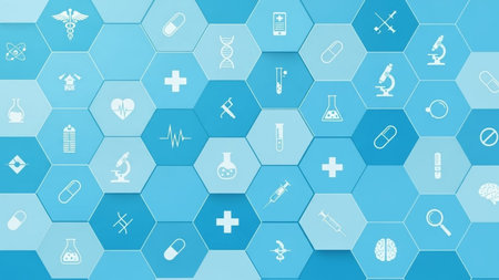 Medical icons on blue hexagon background. Medicine and science concept.の素材