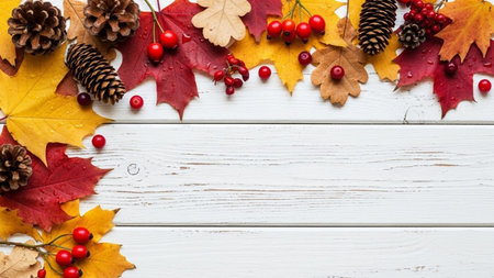 Colorful autumn leaves, berries and pine cones on white wooden backgroundの素材