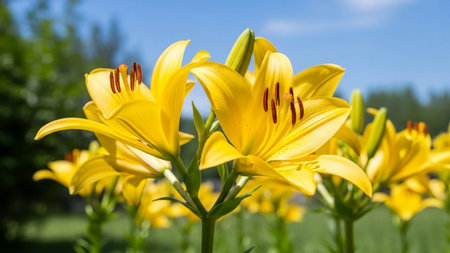 Yellow lily flowers on a background of green grass and blue skyの素材