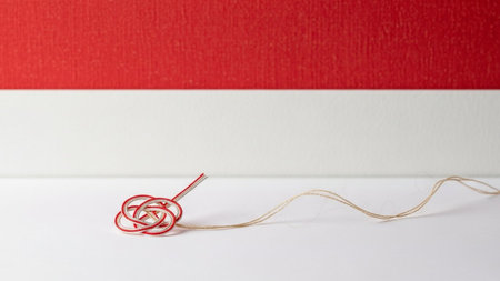 Red and white thread with a needle on a white background. Copy space.の素材