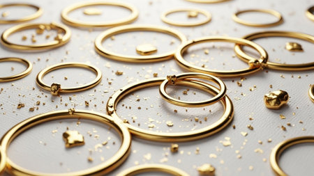 Gold rings on a white background. 3d rendering, 3d illustration.の素材