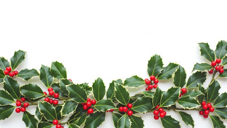 Holly leaves and red berries on white background with copy space.の素材