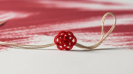 Close up of a red crochet heart on a red and white backgroundの素材