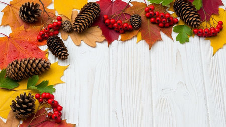 Autumn background with leaves, berries and cones on white wooden backgroundの素材