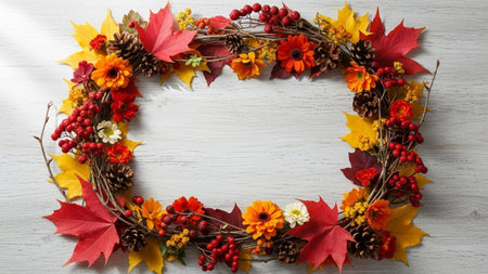 Beautiful autumn wreath on white wooden table, flat lay. Space for textの素材