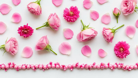 Flowers composition. Frame made of pink rose flowers on white background. Flat lay, top view, copy spaceの素材